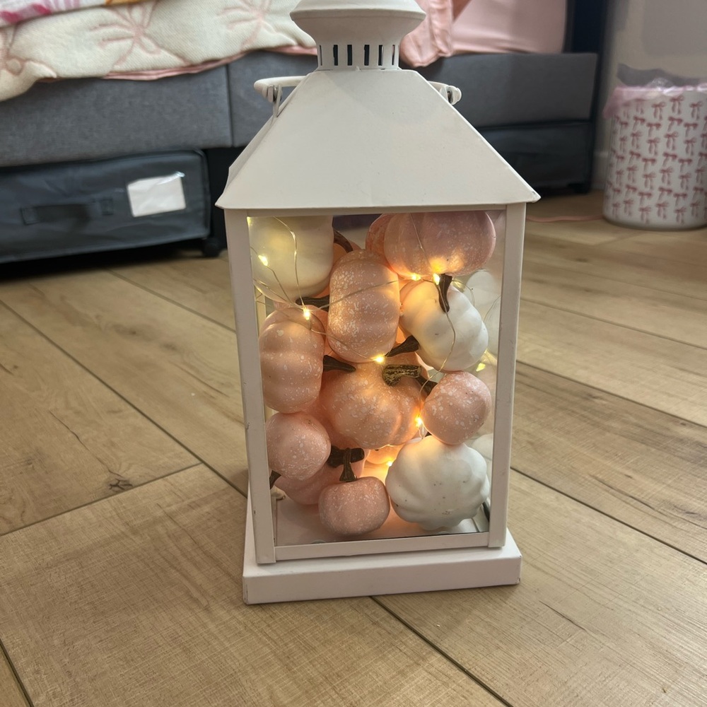 White Lantern with Pink & White Pumpkins with Fairy Lights